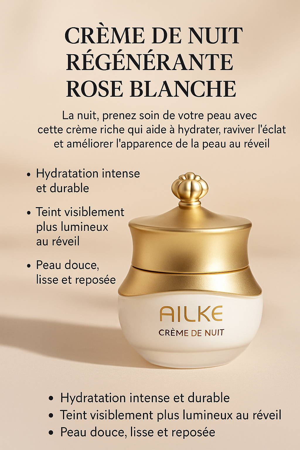 Crème de Nuit Régénérante Rose Blanche – Éclat, Hydratation & Peau Reposée au Réveil